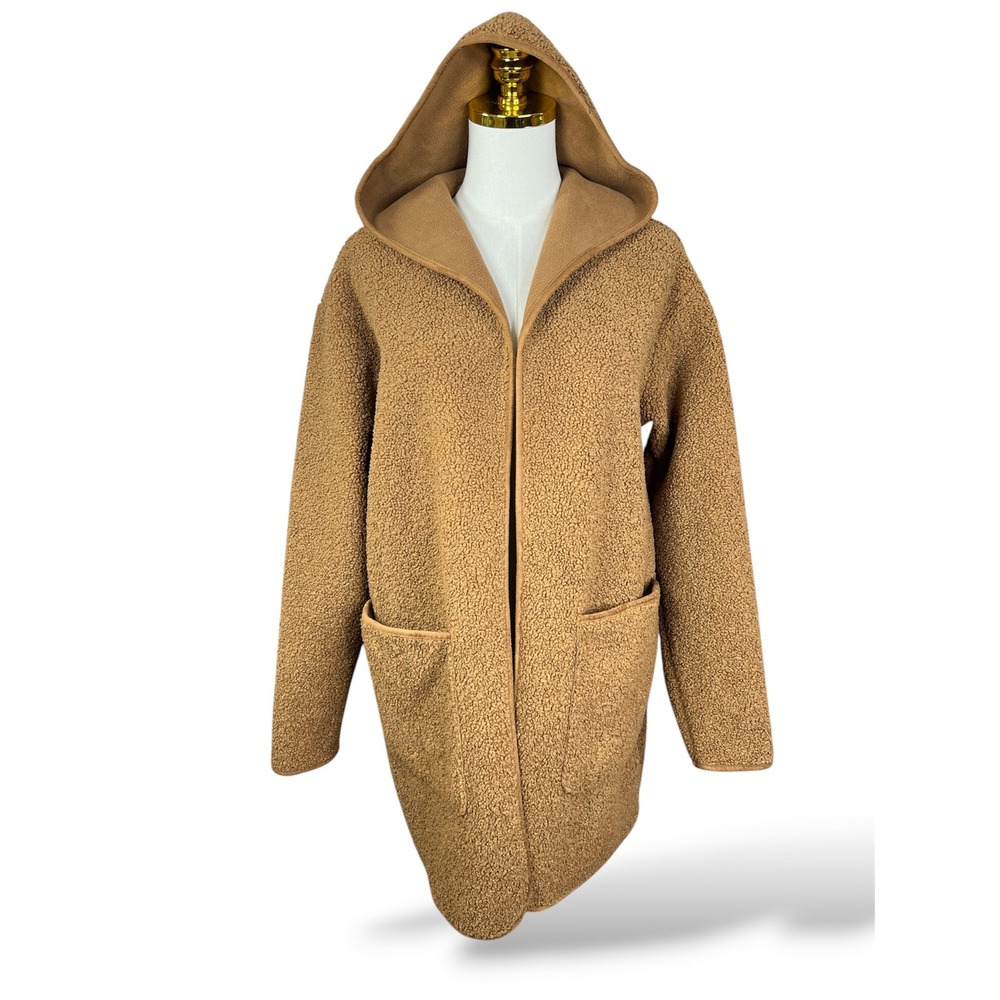 Joie Womens Camel Brown Sherpa Teddy Hooded Open Front Coat Jacket Small